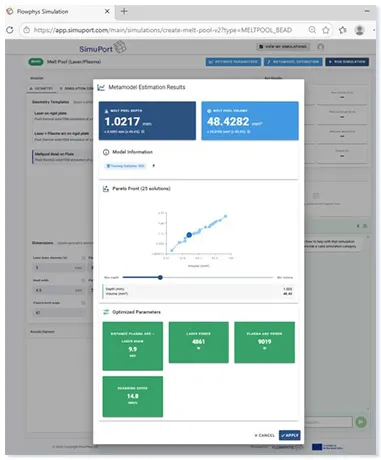 SimuPort melt-pool optimisation with metamodel estimation and Pareto front