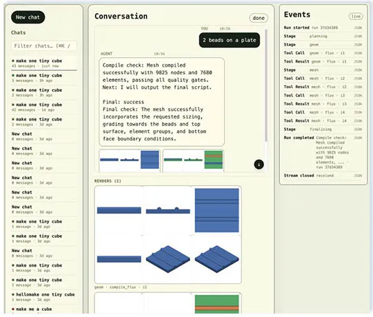 SimuPort agentic framework chat producing mesh renders from a prompt