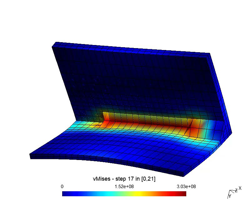 Finite-element fillet-on-corner weld simulation with mesh and von Mises stress field over the load steps.