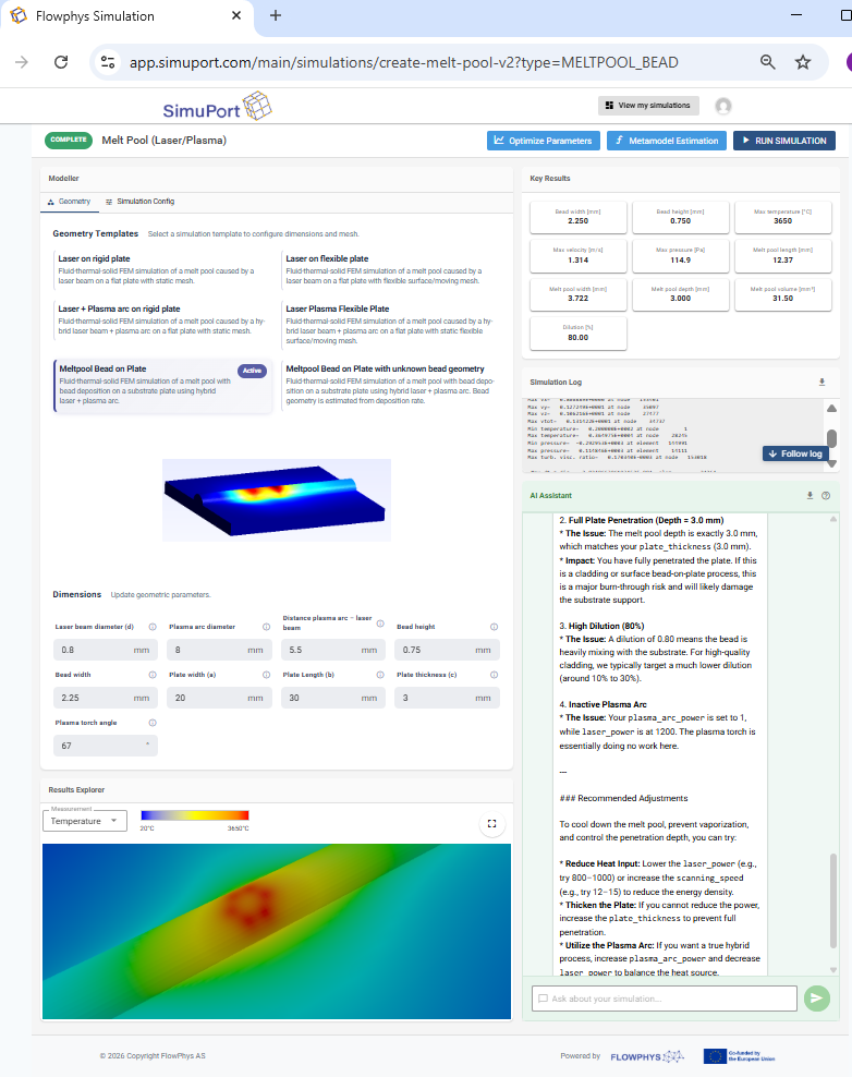 Melt pool simulation for defect evolution and heat source quantification
