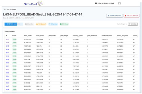 SimuPort batch mode listing melt-pool simulation runs and statuses